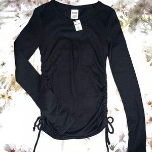 NWT Victoria’s Secret PINK Long Sleeved Black Ruched w/ Side Ties Top size XS